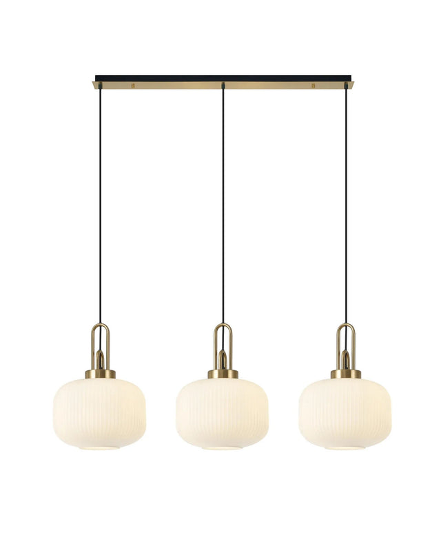 Allardyce Linear 3 Light Pendant E27, Brass Gold/Matt Black With 30cm Pumpkin Shaped Ribbed Opal Glass