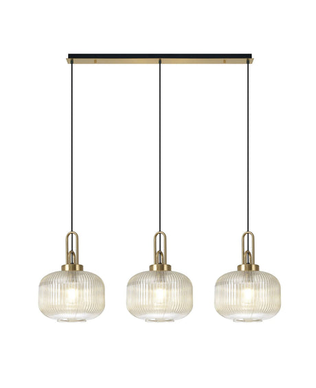 Allardyce Linear 3 Light Pendant E27, Brass Gold/Matt Black With 30cm Pumpkin Shaped Ribbed Champagne Glass