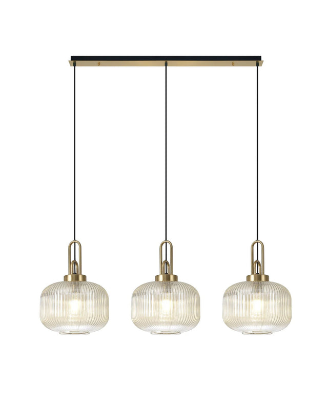 Allardyce Linear 3 Light Pendant E27, Brass Gold/Matt Black With 30cm Pumpkin Shaped Ribbed Champagne Glass