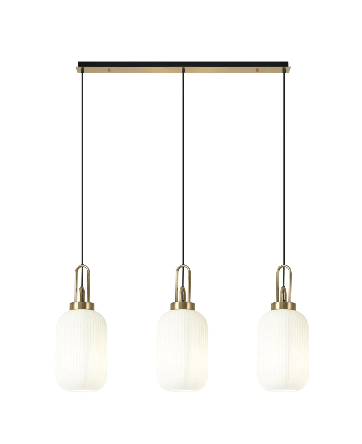 Allardyce Linear 3 Light Pendant E27 With 20cm Tubular Ribbed Glass, Opal Brass Gold/Matt Black