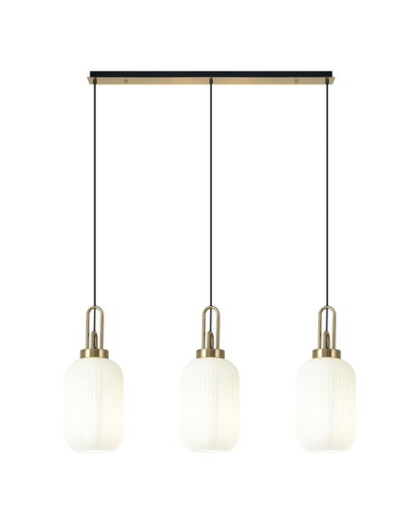 Allardyce Linear 3 Light Pendant E27 With 20cm Tubular Ribbed Glass, Opal Brass Gold/Matt Black