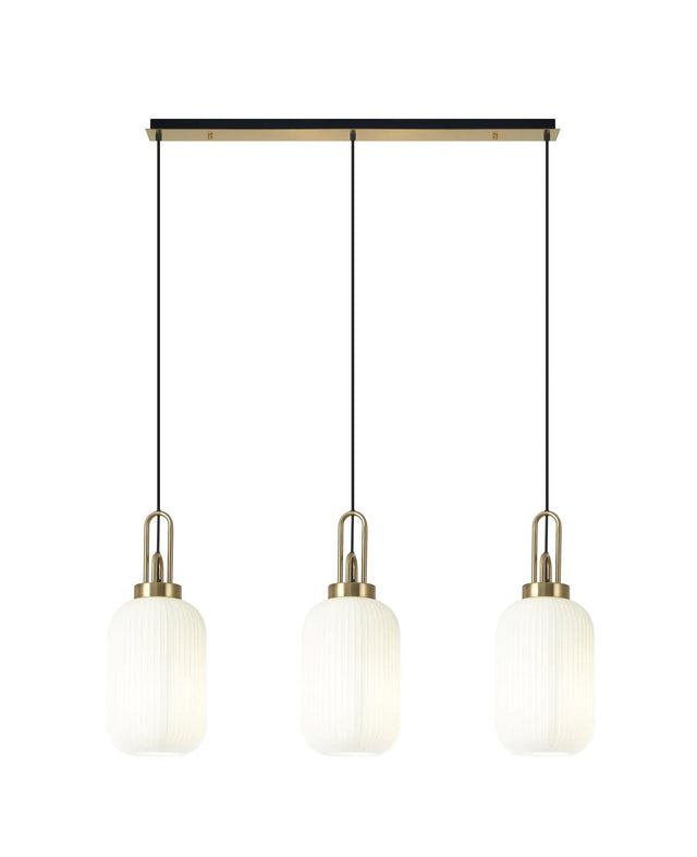 Allardyce Linear 3 Light Pendant E27 With 20cm Tubular Ribbed Glass, Opal Brass Gold/Matt Black