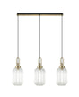 Allardyce Linear 3 Light Pendant E27 With 20cm Tubular Ribbed Glass, Clear Brass Gold/Matt Black