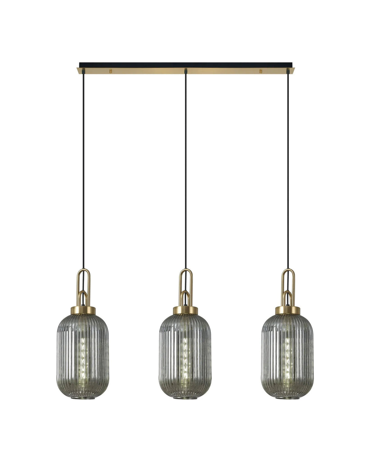 Allardyce Linear 3 Light Pendant E27 With 20cm Tubular Ribbed Glass, Smoked Brass Gold/Matt Black