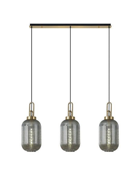 Allardyce Linear 3 Light Pendant E27 With 20cm Tubular Ribbed Glass, Smoked Brass Gold/Matt Black