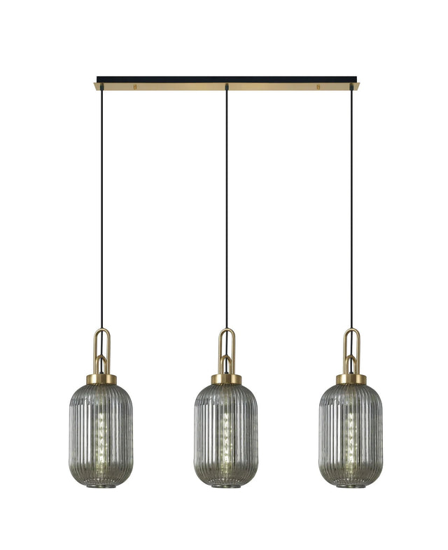 Allardyce Linear 3 Light Pendant E27 With 20cm Tubular Ribbed Glass, Smoked Brass Gold/Matt Black