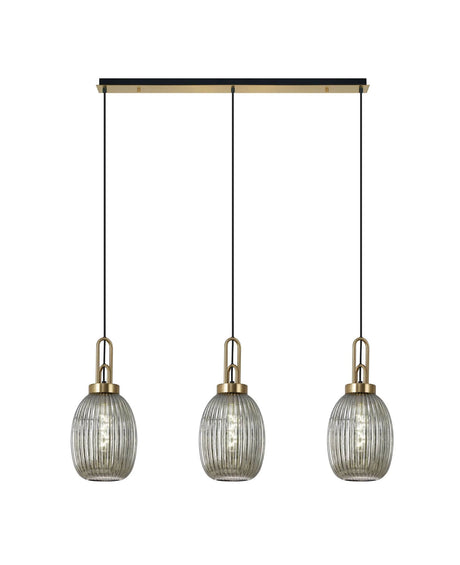 Allardyce Linear 3 Light Pendant E27 With 20cm Almond Ribbed Glass, Smoked Brass Gold/Matt Black