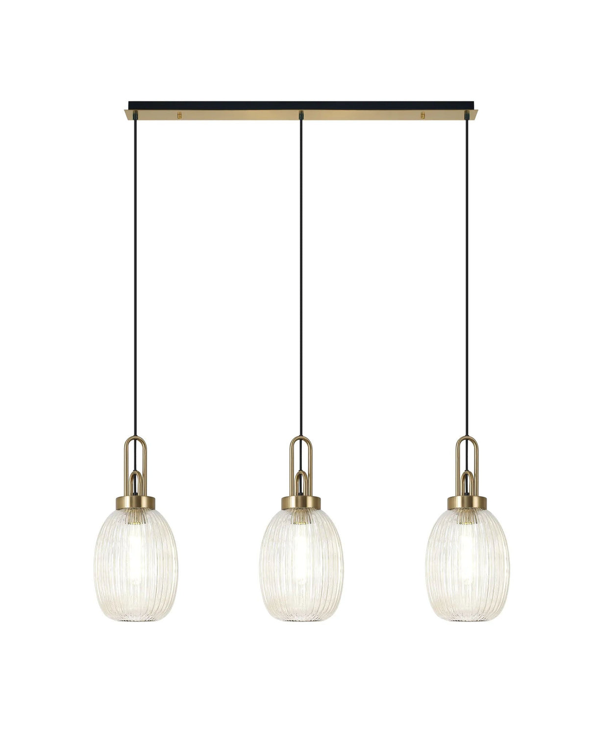 Allardyce Linear 3 Light Pendant E27 With 20cm Almond Ribbed Glass, Champagne Brass Gold/Matt Black