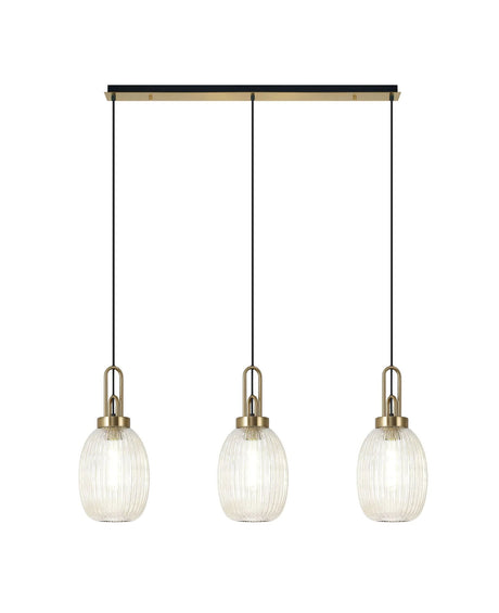 Allardyce Linear 3 Light Pendant E27 With 20cm Almond Ribbed Glass, Champagne Brass Gold/Matt Black