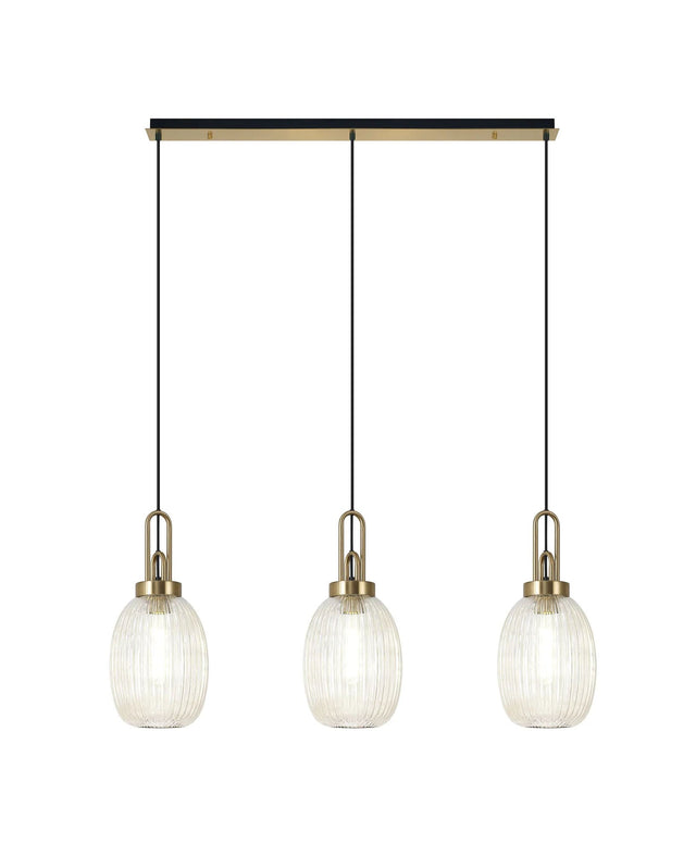 Allardyce Linear 3 Light Pendant E27 With 20cm Almond Ribbed Glass, Champagne Brass Gold/Matt Black