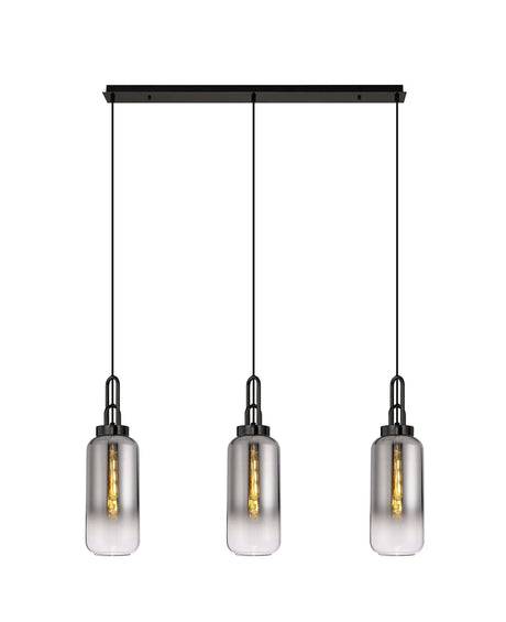 Allardyce Linear 3 Light Pendant E27 With 16cm Cylinder Glass, Smoked/Clear Black Chrome/Matt Black