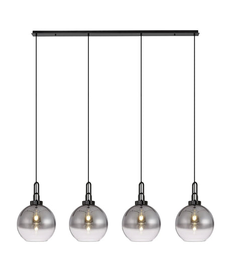 Allardyce Linear 4 Light Pendant E27 With 30cm Globe Glass, Smoked/Clear Black Chrome/Matt Black
