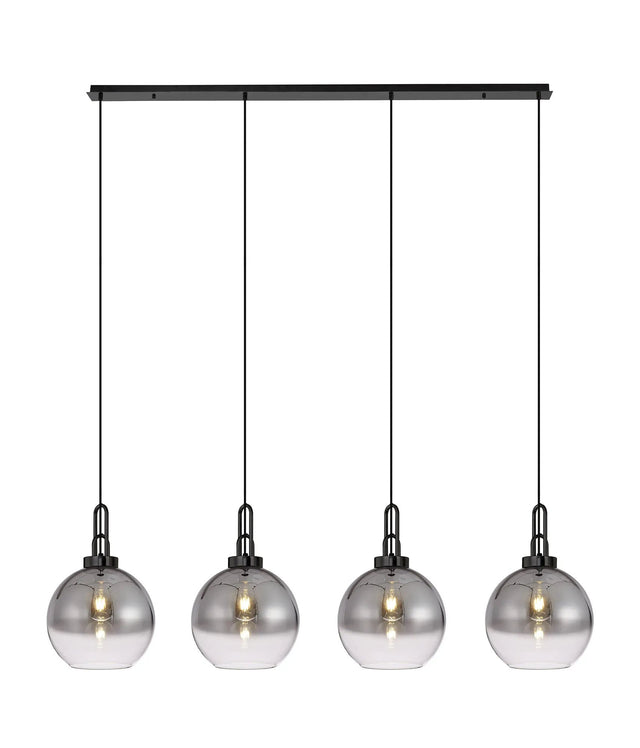 Allardyce Linear 4 Light Pendant E27 With 30cm Globe Glass, Smoked/Clear Black Chrome/Matt Black