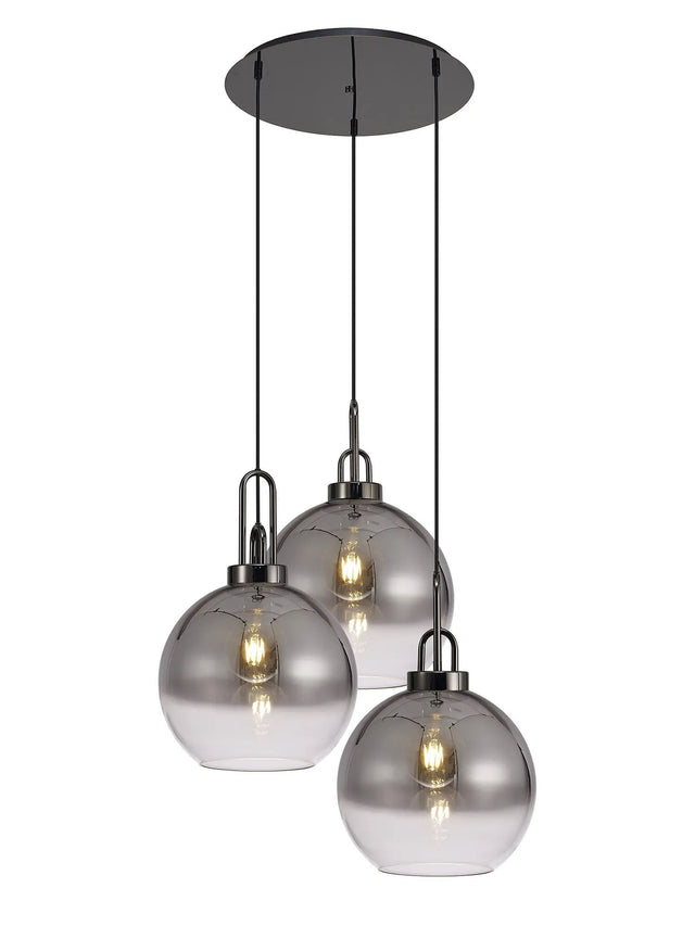 Allardyce Round 3 Light Pendant With 30cm Globe Glass, Black Chrome/Matt Black Smoked/Clear