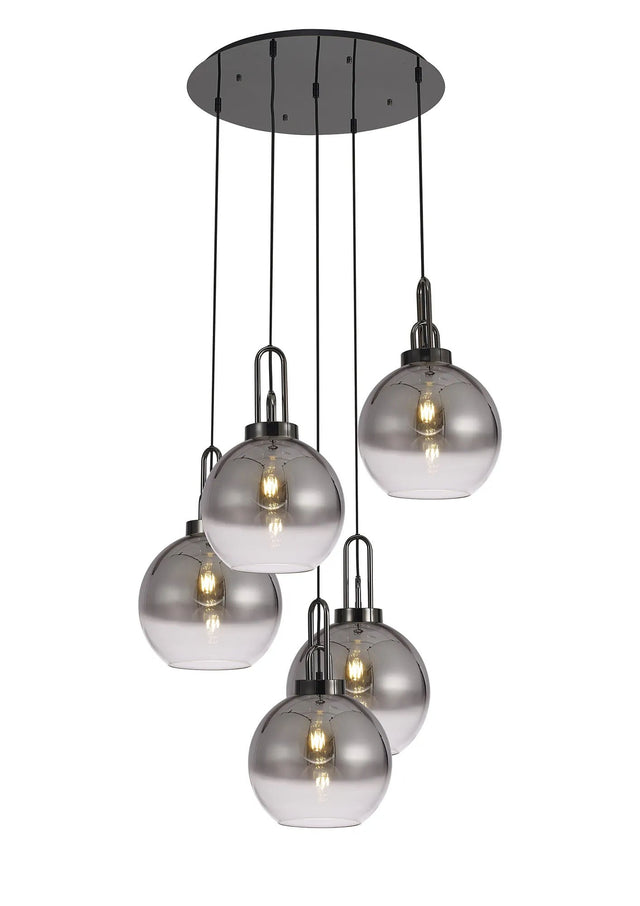 Allardyce Round 5 Light Pendant With 30cm Globe Glass, Black Chrome/Matt Black Smoked/Clear
