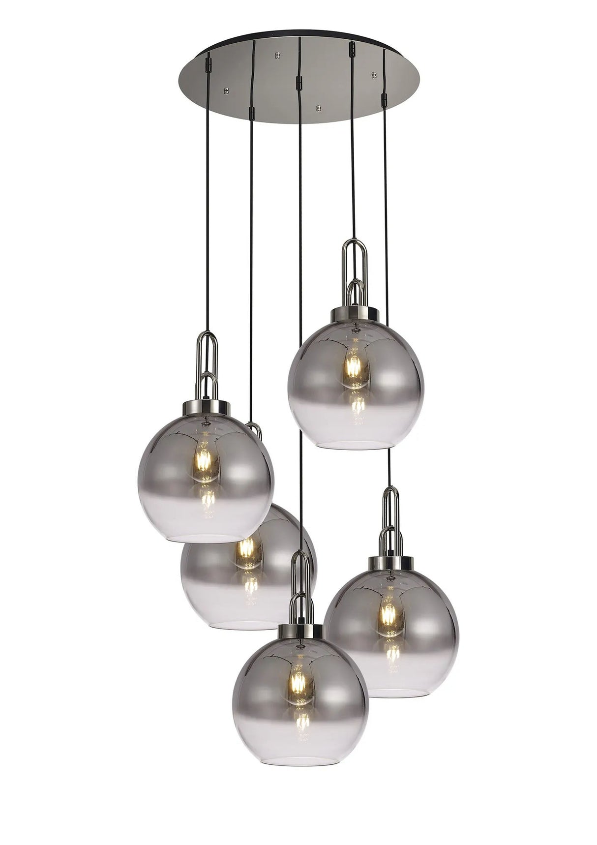 Allardyce Round 5 Light Pendant With 30cm Globe Glass, Polished Nickel/Matt Black Smoked/Clear