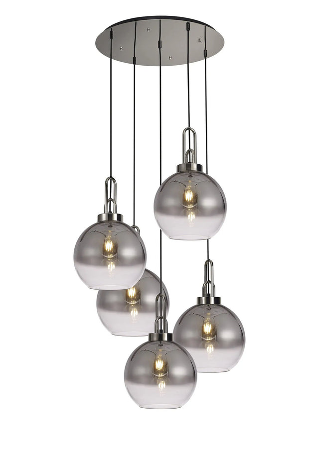 Allardyce Round 5 Light Pendant With 30cm Globe Glass, Polished Nickel/Matt Black Smoked/Clear