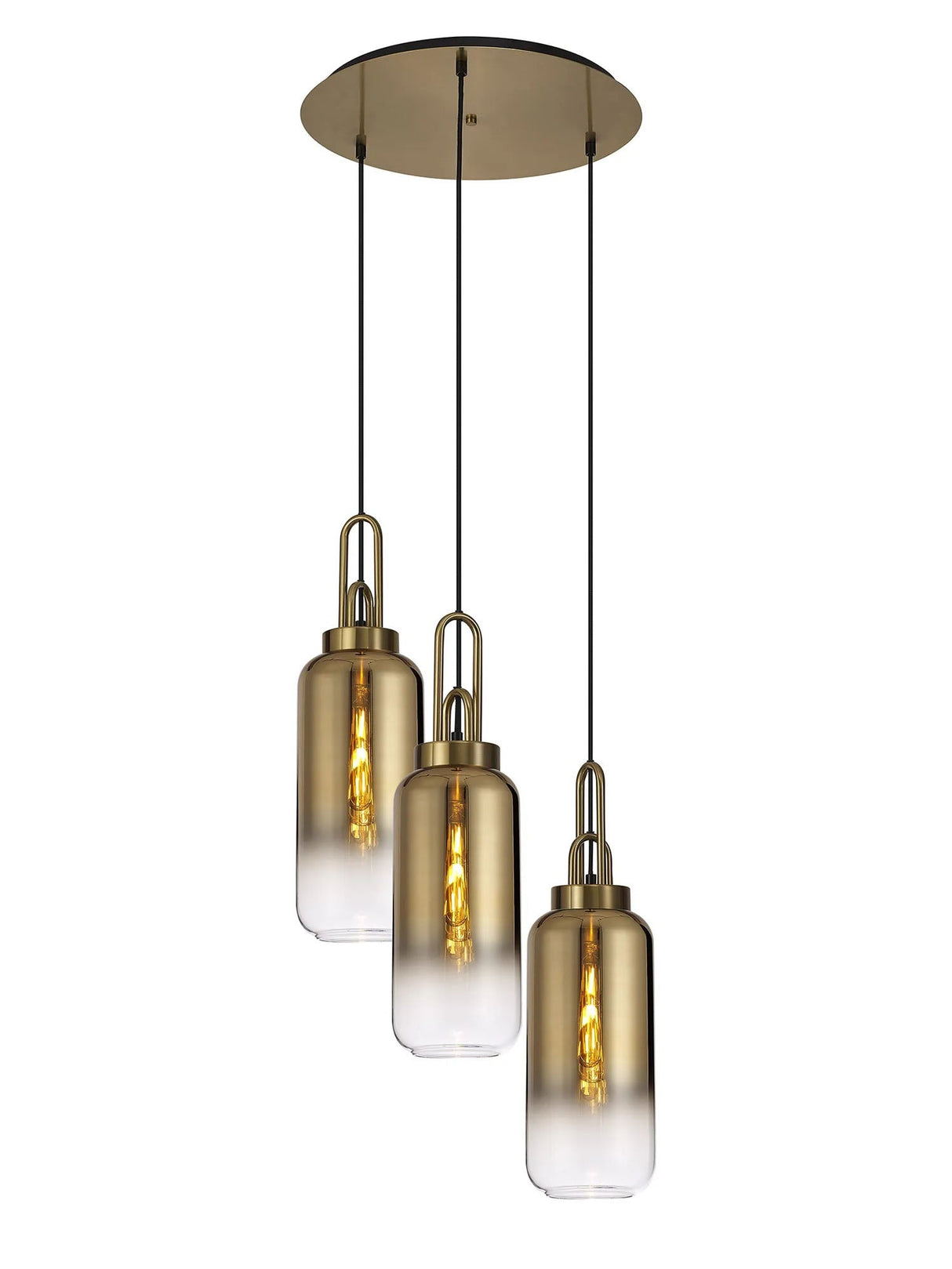Allardyce Round 3 Light Pendant With 16cm Cylinder Glass, Brass Gold/Matt Black Brass Gold/Clear