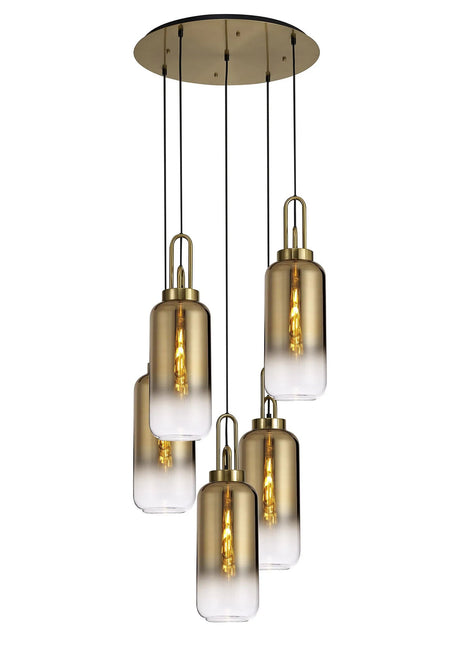 Allardyce Round 5 Light Pendant With 16cm Cylinder Glass, Brass Gold/Matt Black Brass Gold/Clear