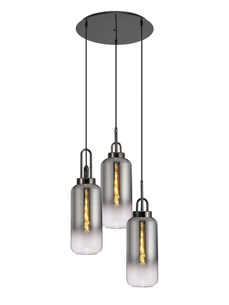 Allardyce Round 3 Light Pendant With 16cm Cylinder Glass, Black Chrome/Matt Black Smoked/Clear