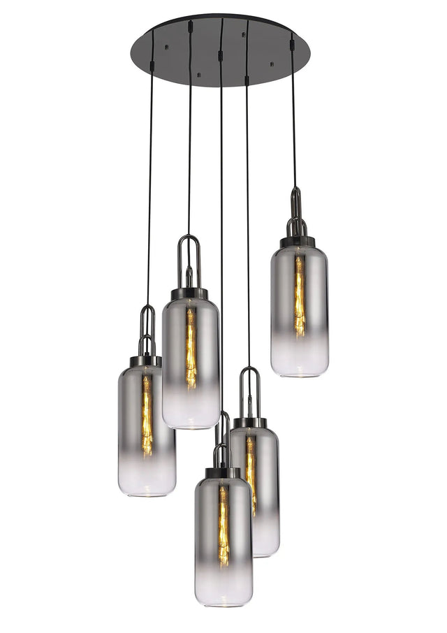 Allardyce Round 5 Light Pendant With 16cm Cylinder Glass, Black Chrome/Matt Black Smoked/Clear