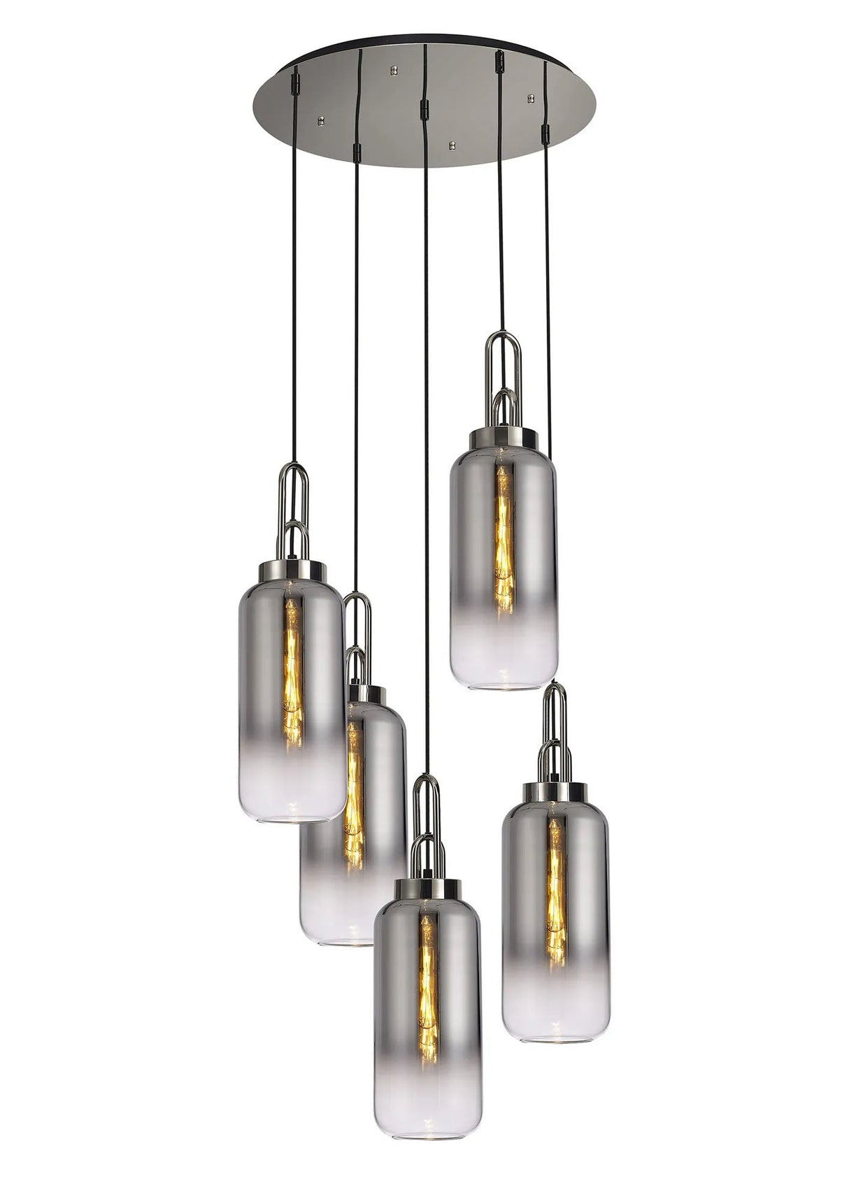 Allardyce Round 5 Light Pendant With 16cm Cylinder Glass, Polished Nickel/Matt Black Smoked/Clear