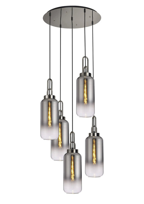 Allardyce Round 5 Light Pendant With 16cm Cylinder Glass, Polished Nickel/Matt Black Smoked/Clear