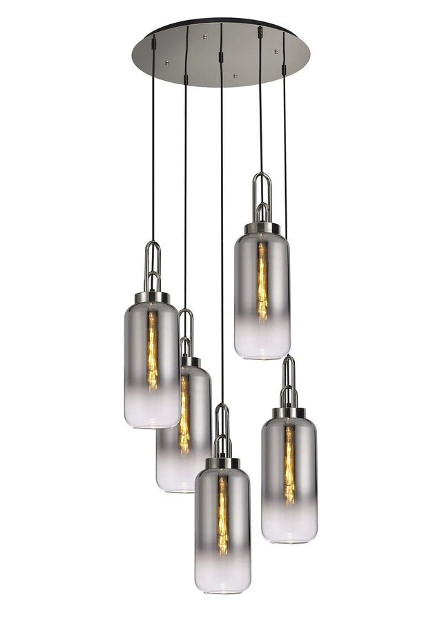 Allardyce Round 5 Light Pendant With 16cm Cylinder Glass, Polished Nickel/Matt Black Smoked/Clear