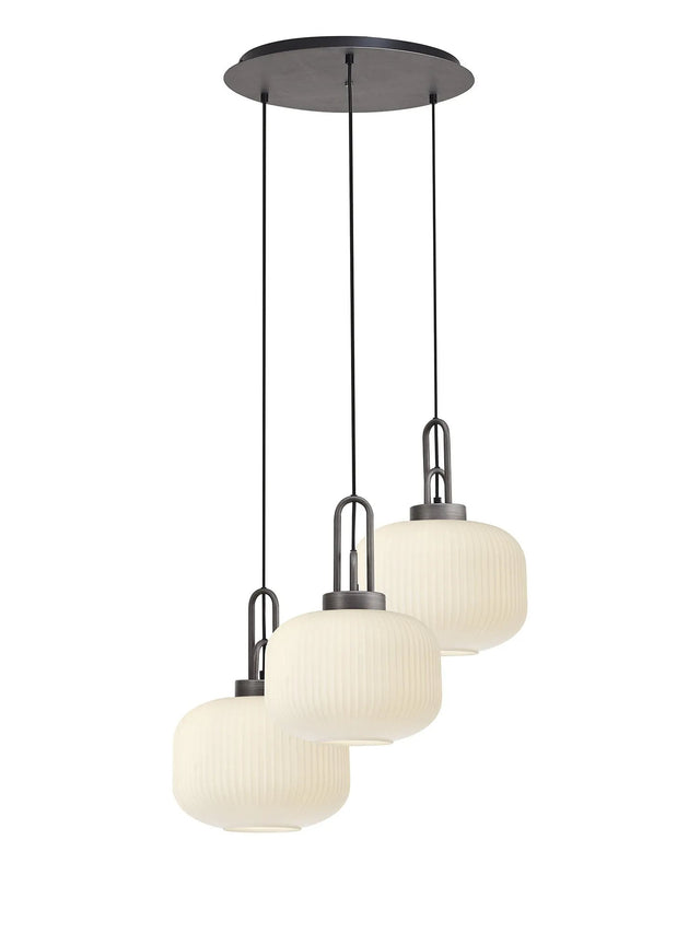 Allardyce 2m Round Pendant, 3 x E27, Pewter/Matt Black With 30cm Pumpkin Shaped Ribbed Opal Glass