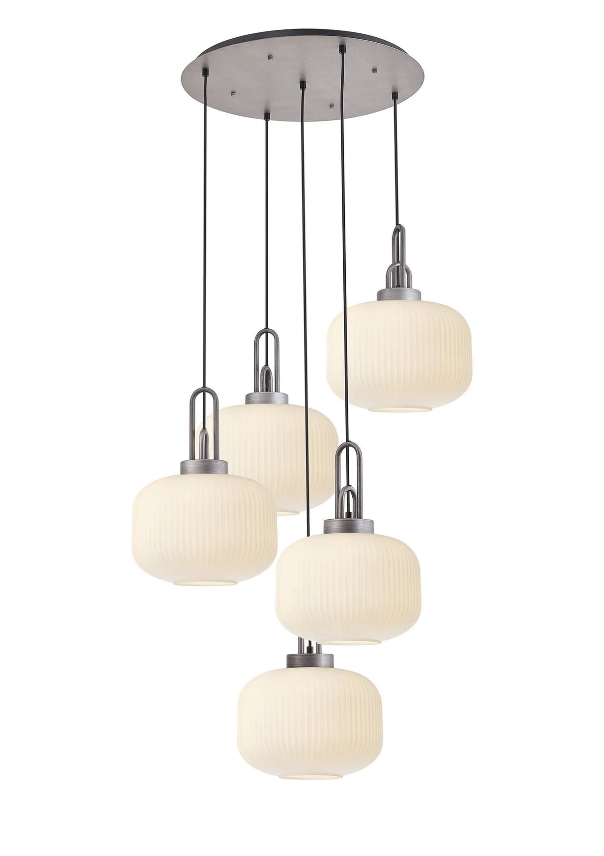 Allardyce 2.5m Round Pendant, 5 x E27, Pewter/Matt Black With 30cm Pumpkin Shaped Ribbed Opal Glass