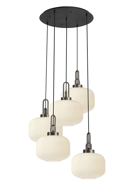 Allardyce 2.5m Round Pendant, 5 x E27, Antique Silver/Matt Black With 30cm Pumpkin Shaped Ribbed Opal Glass