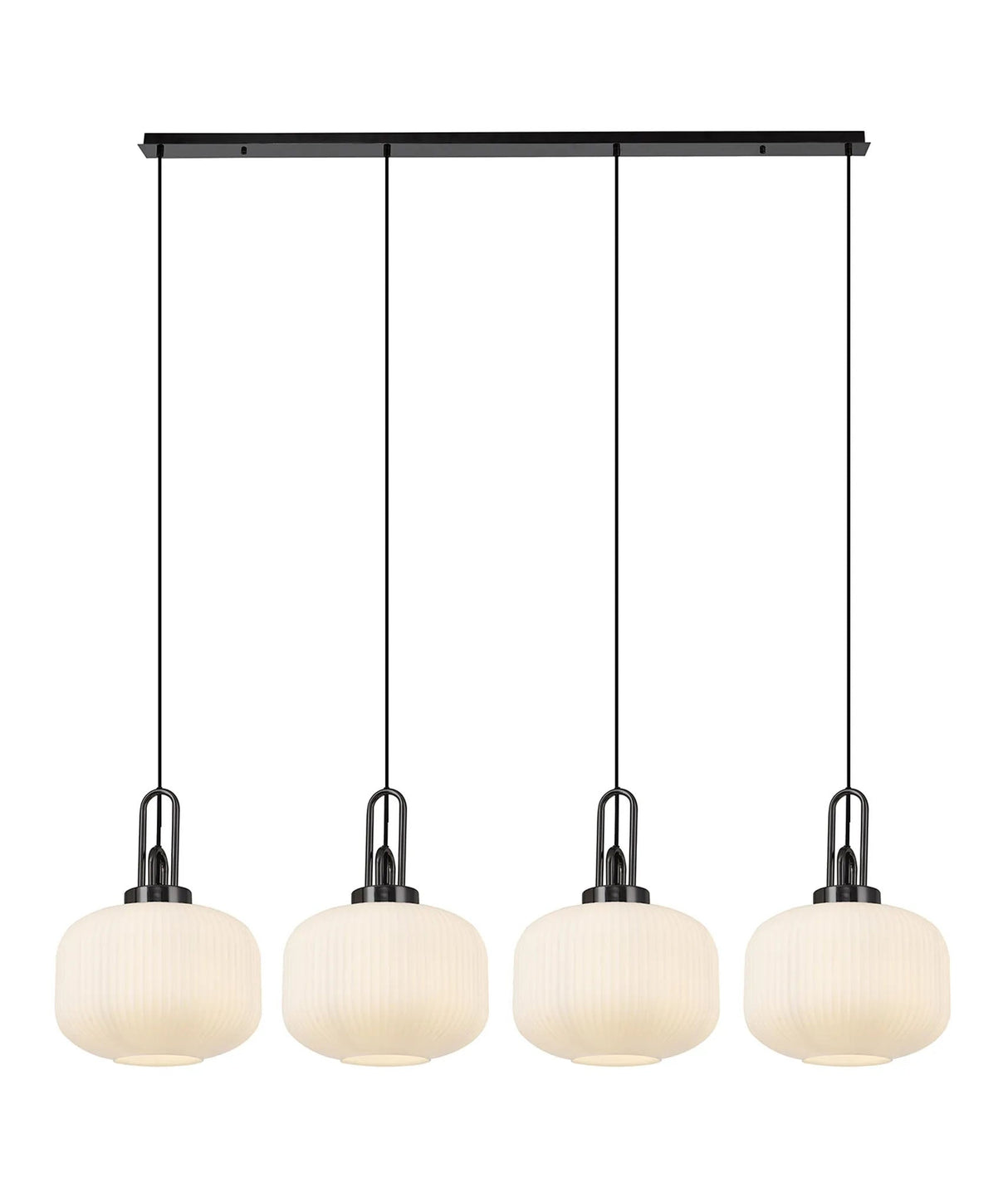 Allardyce Linear Pendant, 4 x E27, Black Chrome/Matt Black With 30cm Pumpkin Shaped Ribbed Opal Glass