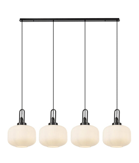 Allardyce Linear Pendant, 4 x E27, Black Chrome/Matt Black With 30cm Pumpkin Shaped Ribbed Opal Glass