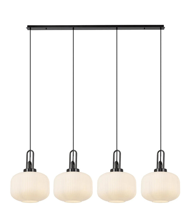 Allardyce Linear Pendant, 4 x E27, Black Chrome/Matt Black With 30cm Pumpkin Shaped Ribbed Opal Glass
