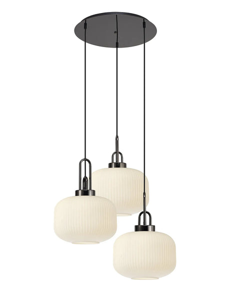 Allardyce 2m Round Pendant, 3 x E27, Black Chrome/Matt Black With 30cm Pumpkin Shaped Ribbed Opal Glass