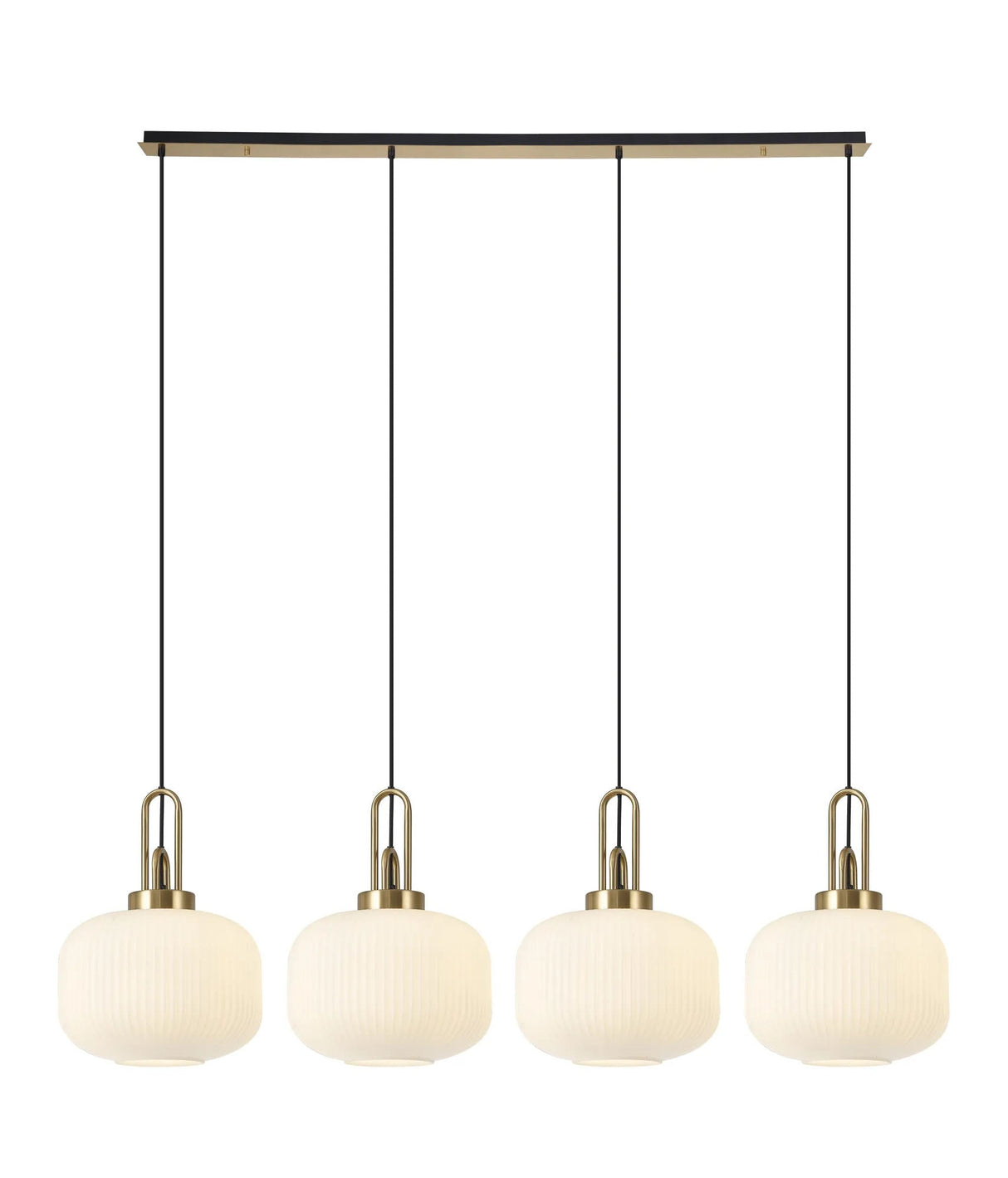 Allardyce Linear Pendant, 4 x E27, Brass Gold/Matt Black With 30cm Pumpkin Shaped Ribbed Opal Glass