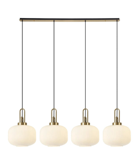 Allardyce Linear Pendant, 4 x E27, Brass Gold/Matt Black With 30cm Pumpkin Shaped Ribbed Opal Glass