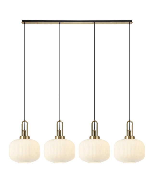Allardyce Linear Pendant, 4 x E27, Brass Gold/Matt Black With 30cm Pumpkin Shaped Ribbed Opal Glass