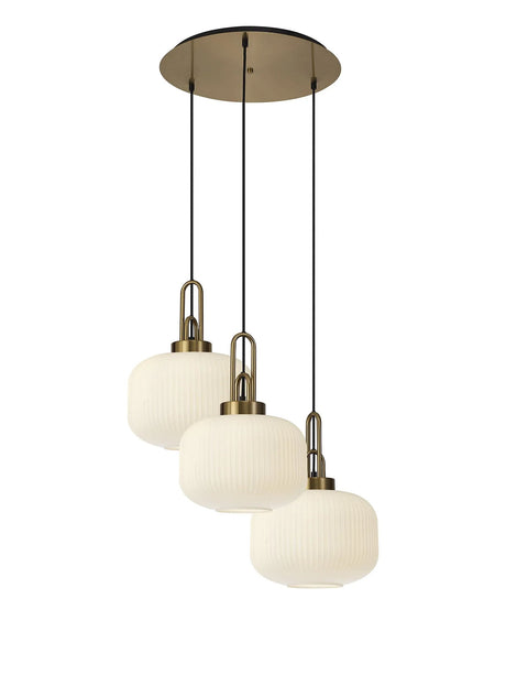 Allardyce 2m Round Pendant, 3 x E27, Brass Gold/Matt Black With 30cm Pumpkin Shaped Ribbed Opal Glass