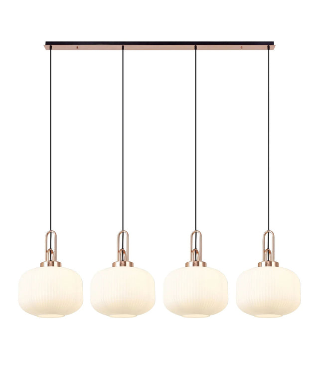 Allardyce Linear Pendant, 4 x E27, Copper/Matt Black With 30cm Pumpkin Shaped Ribbed Opal Glass