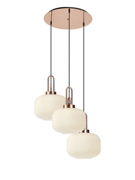 Allardyce 2m Round Pendant, 3 x E27, Copper/Matt Black With 30cm Pumpkin Shaped Ribbed Opal Glass