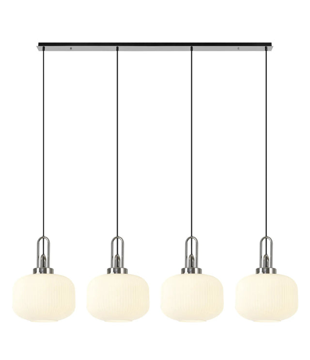Allardyce Linear Pendant, 4 x E27, Polished Nickel/Matt Black With 30cm Pumpkin Shaped Ribbed Opal Glass