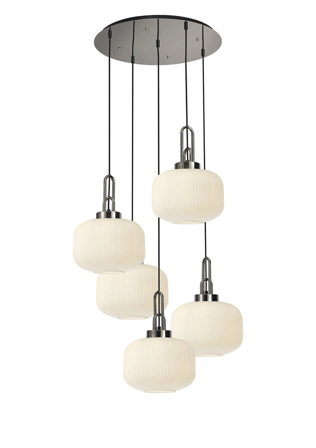 Allardyce 2.5m Round Pendant, 5 x E27, Polished Nickel/Matt Black With 30cm Pumpkin Shaped Ribbed Opal Glass