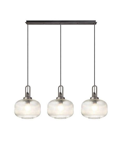 Allardyce Linear 3 Light Pendant E27, Aged Pewter/Matt Black With 30cm Pumpkin Shaped Ribbed Clear Glass