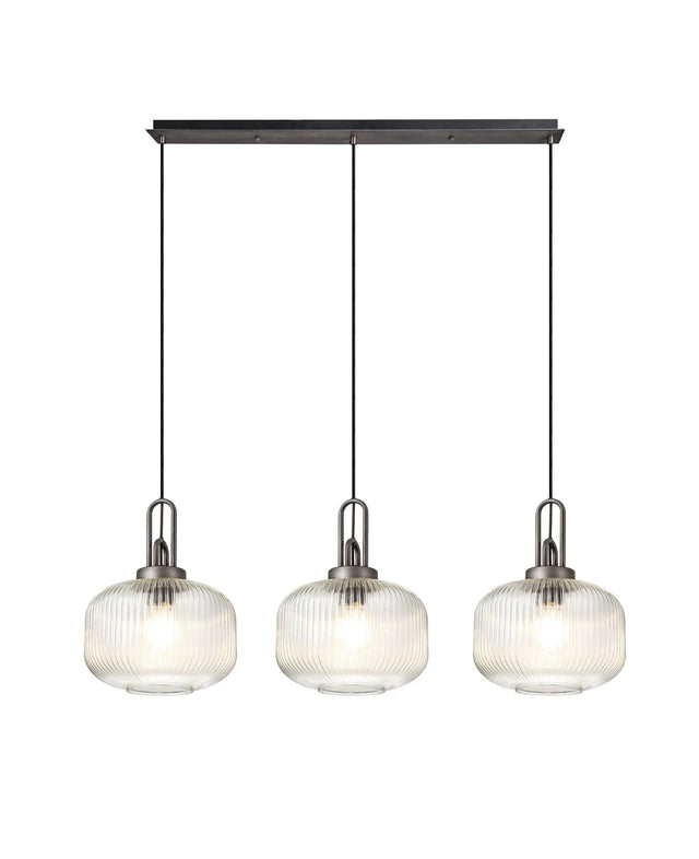 Allardyce Linear 3 Light Pendant E27, Aged Pewter/Matt Black With 30cm Pumpkin Shaped Ribbed Clear Glass
