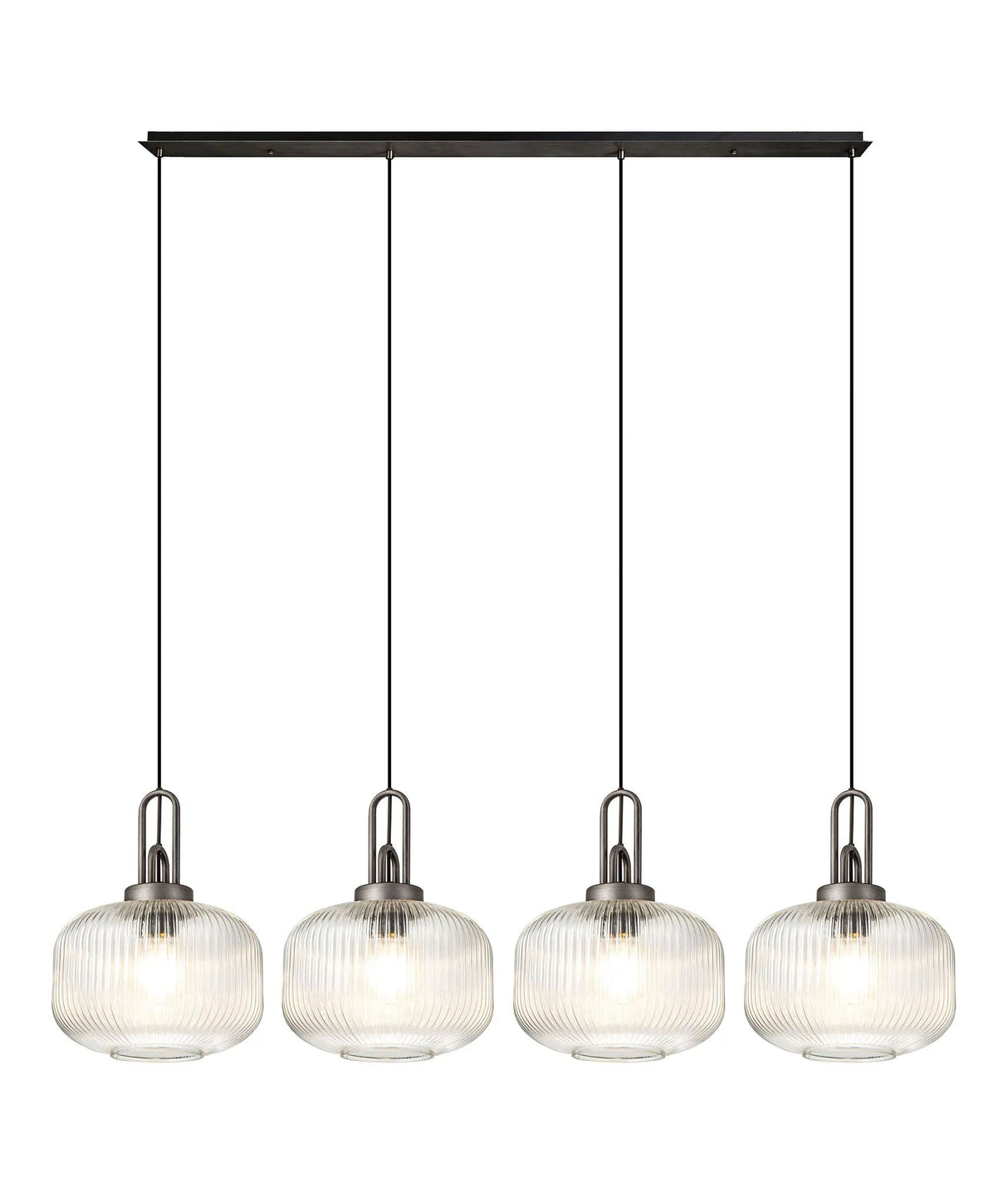 Allardyce Linear Pendant, 4 x E27, Aged Pewter/Matt Black With 30cm Pumpkin Shaped Ribbed Clear Glass