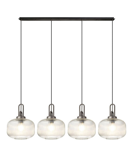 Allardyce Linear Pendant, 4 x E27, Aged Pewter/Matt Black With 30cm Pumpkin Shaped Ribbed Clear Glass