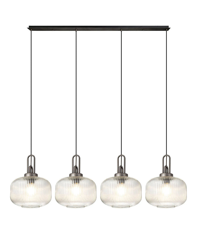 Allardyce Linear Pendant, 4 x E27, Aged Pewter/Matt Black With 30cm Pumpkin Shaped Ribbed Clear Glass