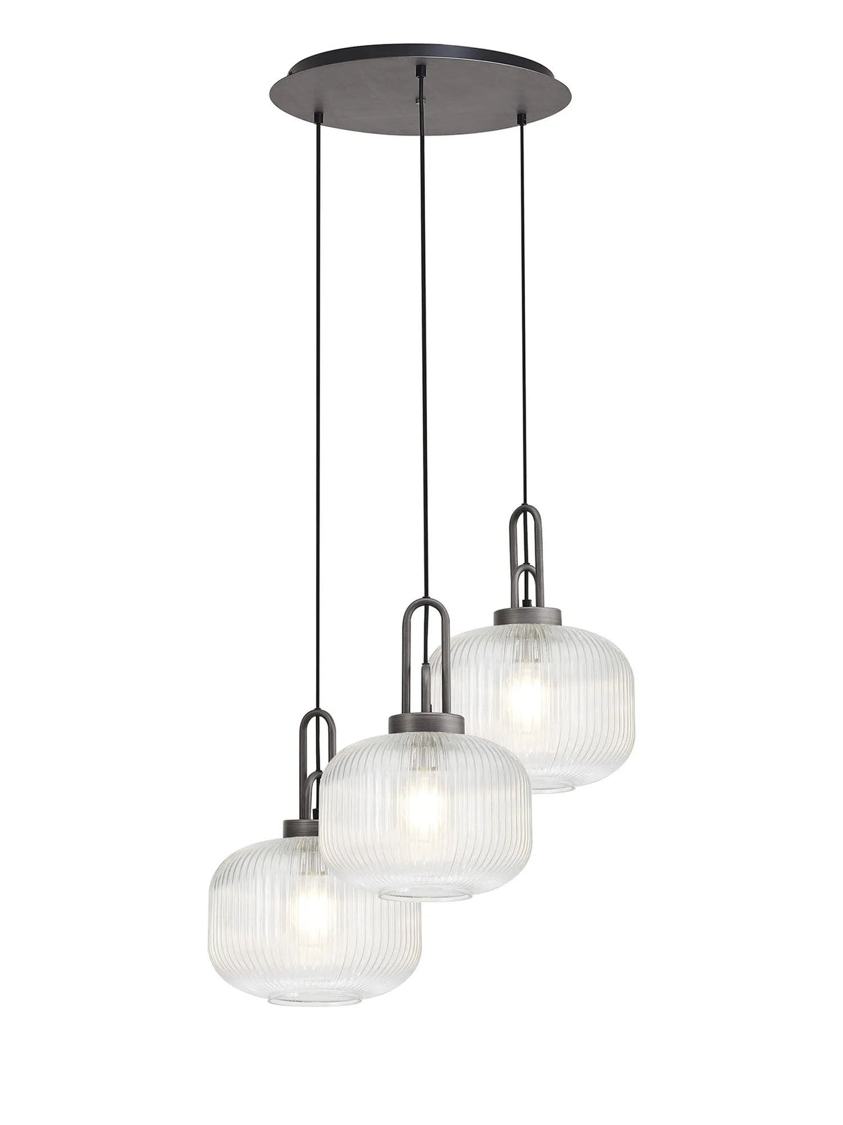 Allardyce 2m Round Pendant, 3 x E27, Pewter/Matt Black With 30cm Pumpkin Shaped Ribbed Clear Glass