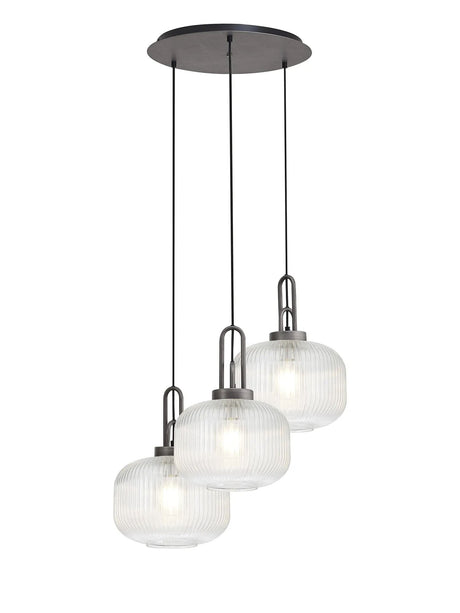 Allardyce 2m Round Pendant, 3 x E27, Pewter/Matt Black With 30cm Pumpkin Shaped Ribbed Clear Glass